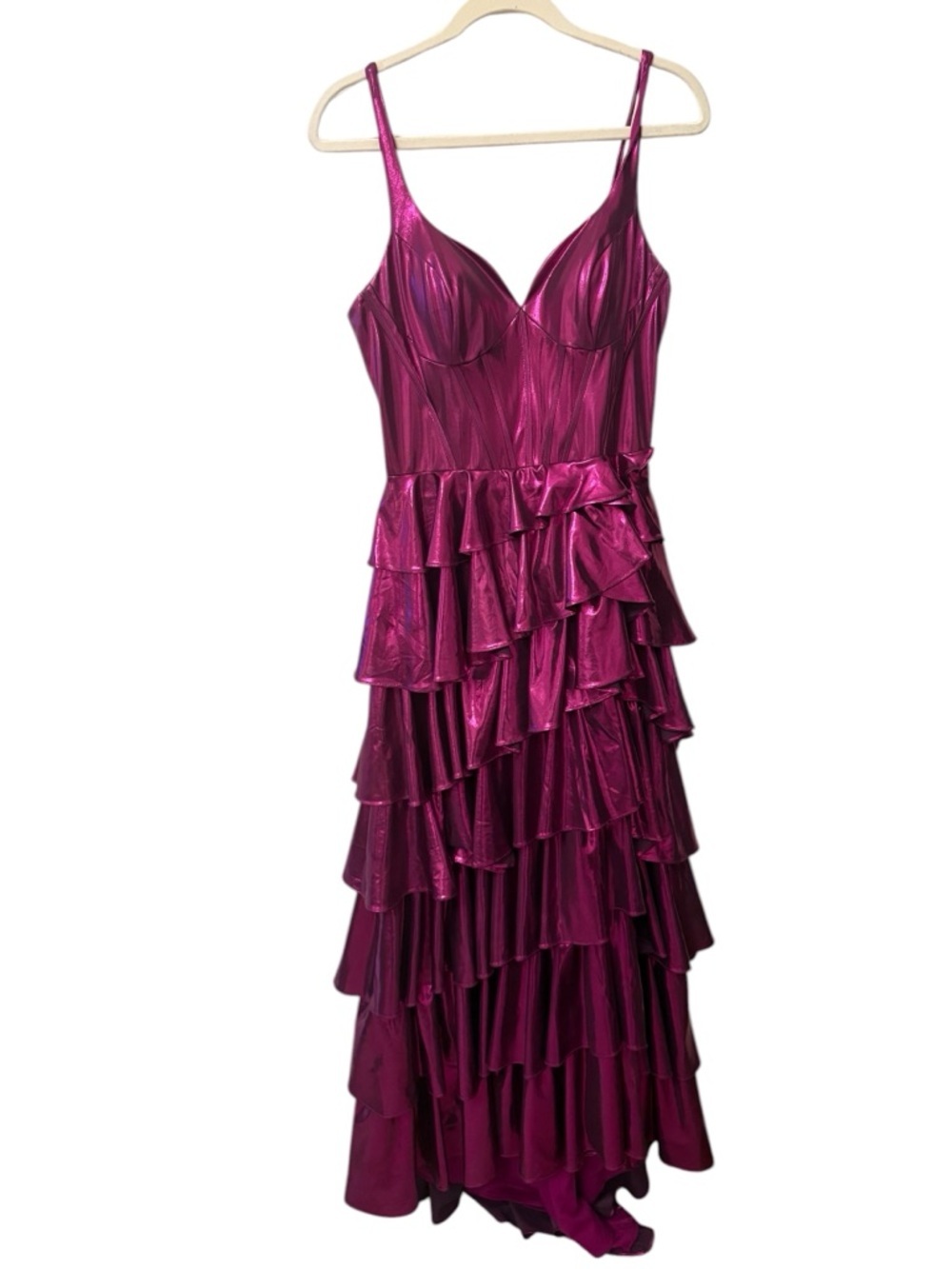2Cute Magenta Metallic Tiered Ruffle Gown 25329 Pageant Prom Dress Fits Size 6 - Picture 2 of 5